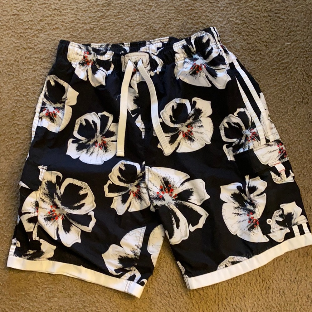 Graphite Swim Trunks Hawaiian Hibiscus 🌺 Flower Floral Mens Blue White Vintage